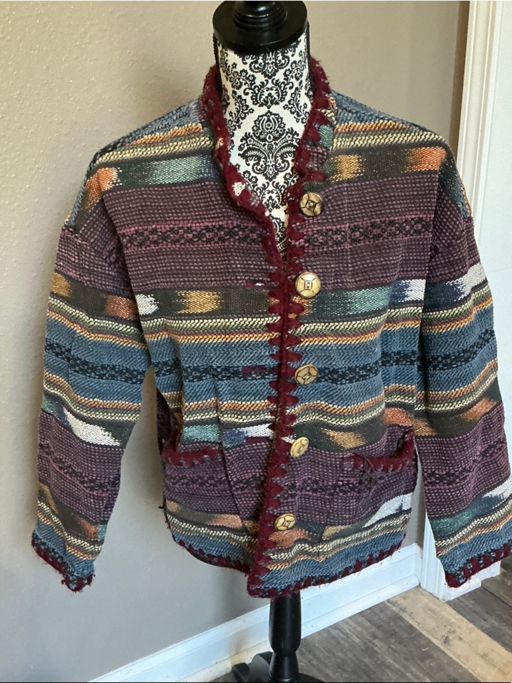 Vintage Multicolor Striped Lightweight Button-Front Jacket with Burgundy Trim